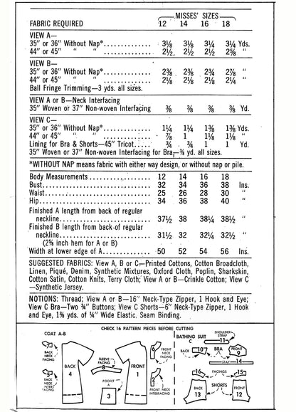 PDF Pattern - 1960s Bathing Suit & Beach Jacket / Bust 36