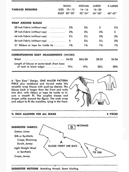 PDF Pattern - 1950s Wrap Blouse / Bust 32-34