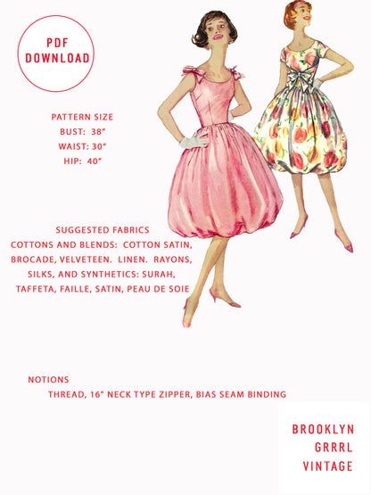 PDF Pattern - 1950s Bubble Party Dress / Bust 38