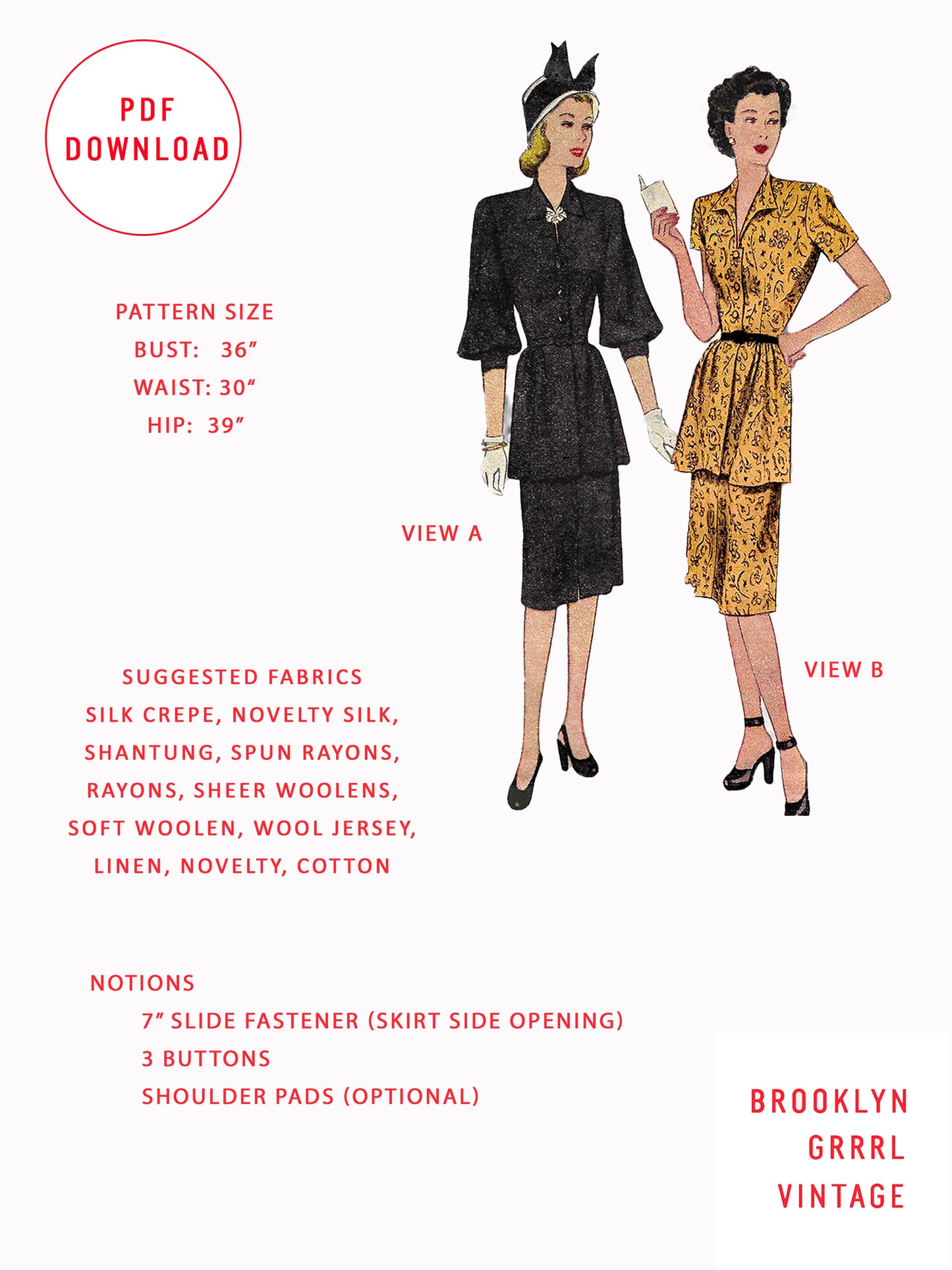PDF Pattern - 1940s Two-Piece Suit Dress / Bust 36