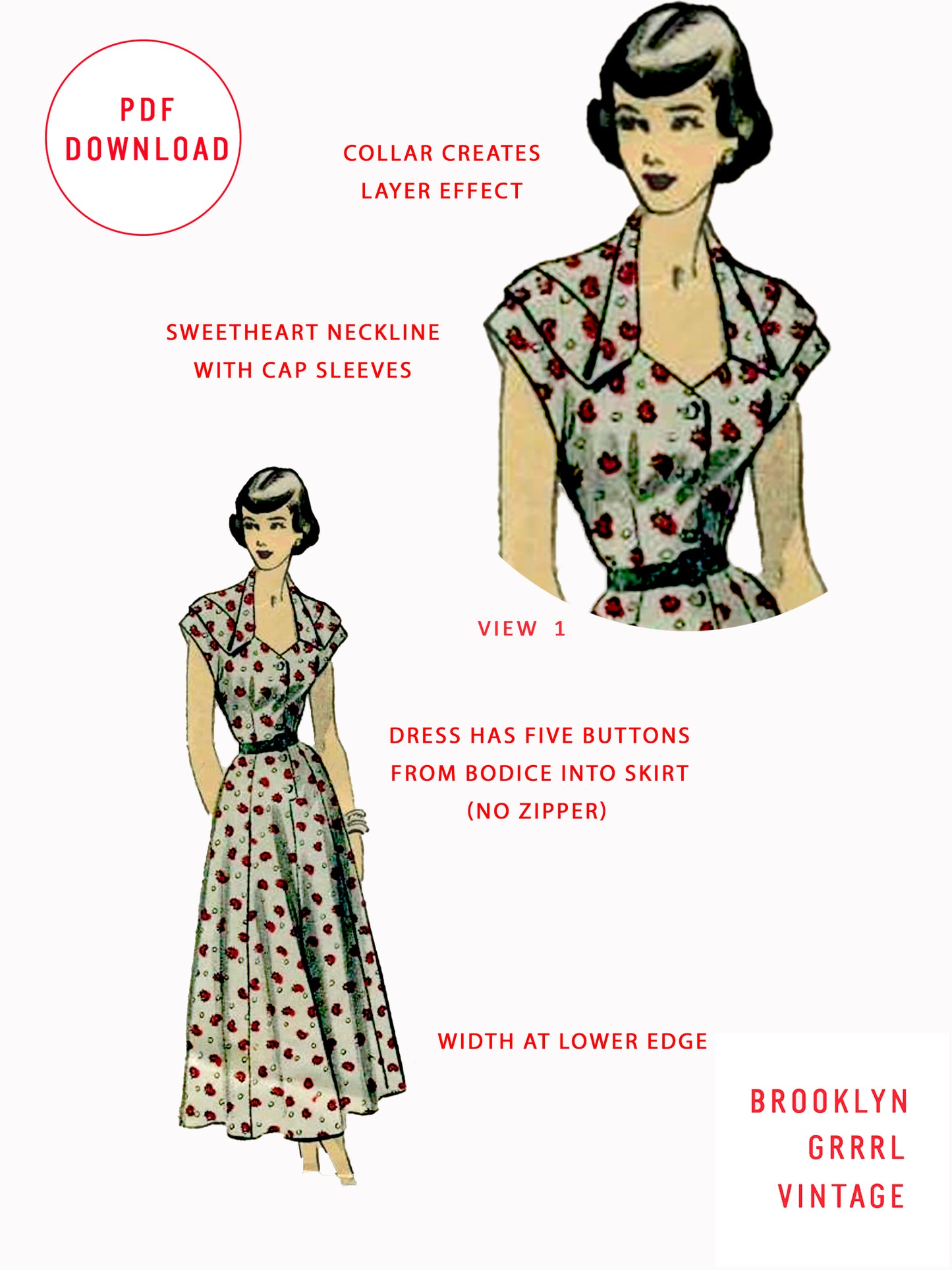 PDF Pattern - 1940s Dress with Two Collar Options / Bust 34