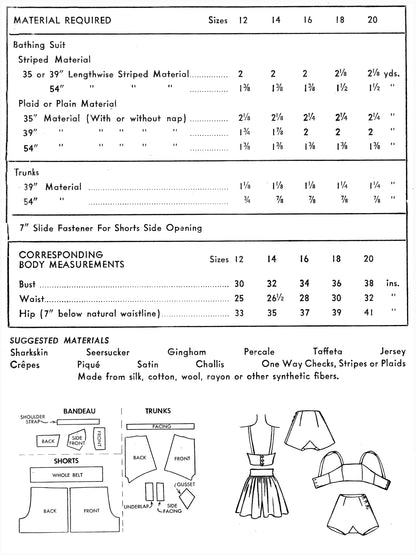 PDF Pattern  1940s Two-Piece Bathing Suit and Trunks/ Bust 30