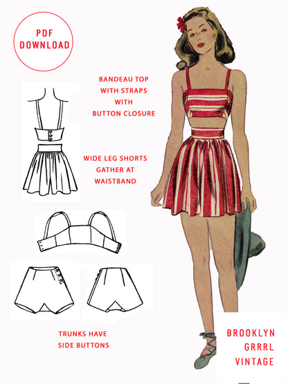 PDF Pattern  1940s Two-Piece Bathing Suit and Trunks/ Bust 30