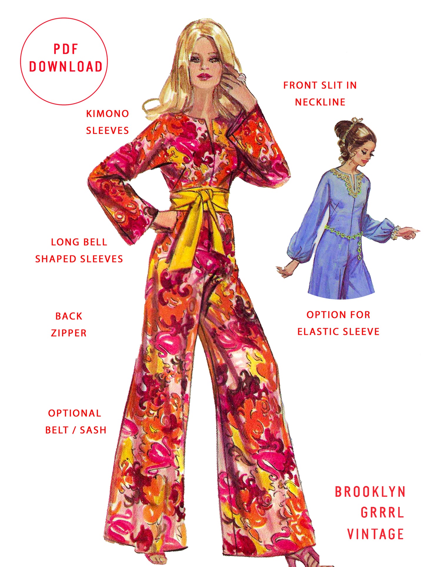 PDF Pattern - 1970s Jumpsuit with Kimono Sleeves / Bust 36