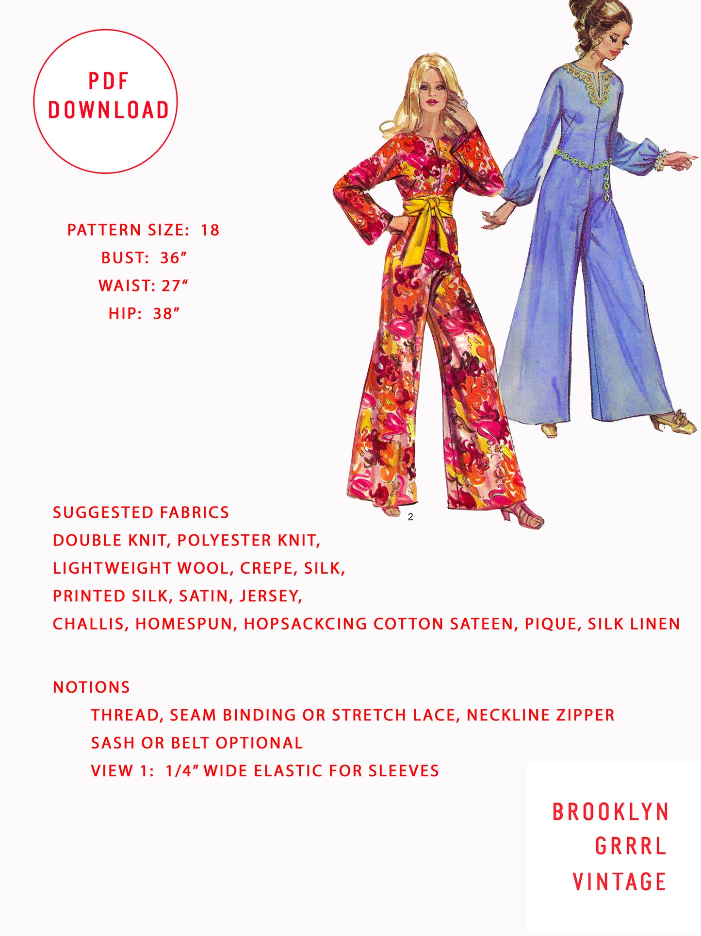 PDF Pattern - 1970s Jumpsuit with Kimono Sleeves / Bust 36