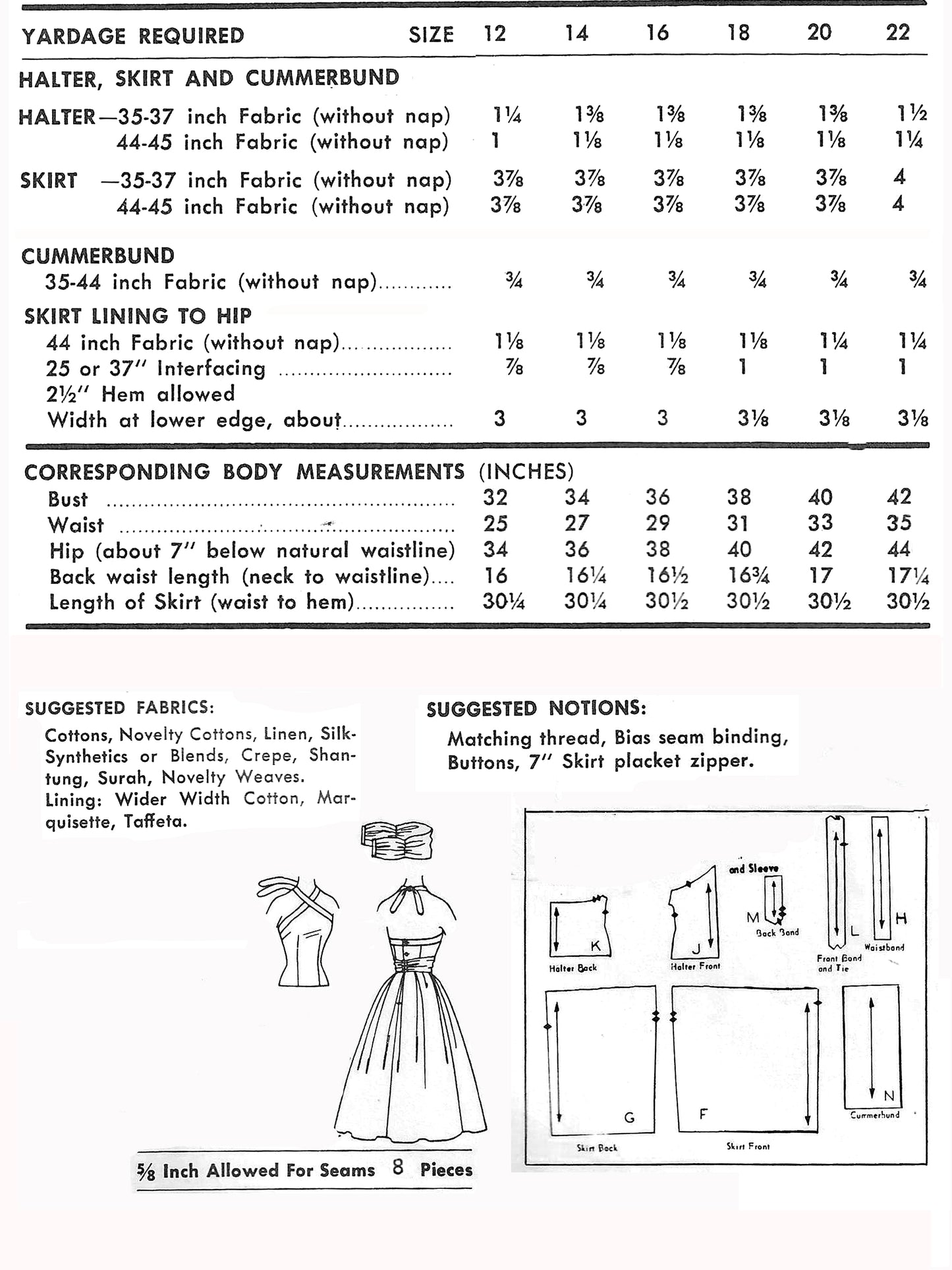 PDF Pattern - 1950s Halter & Full Skirt / Multiple Sizes