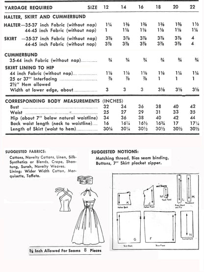 PDF Pattern - 1950s Halter & Full Skirt / Multiple Sizes