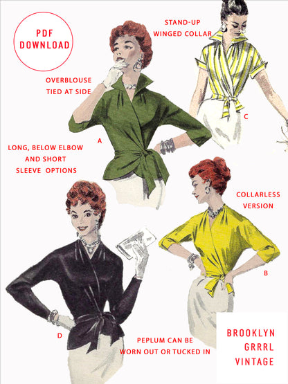 PDF Pattern - 1950s Wrap Blouse with Peblum / Bust 38