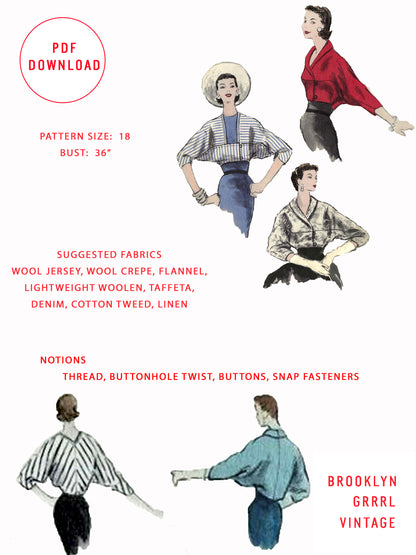 PDF Pattern - 1950s Fitted Bolero Jacket / Bust 36