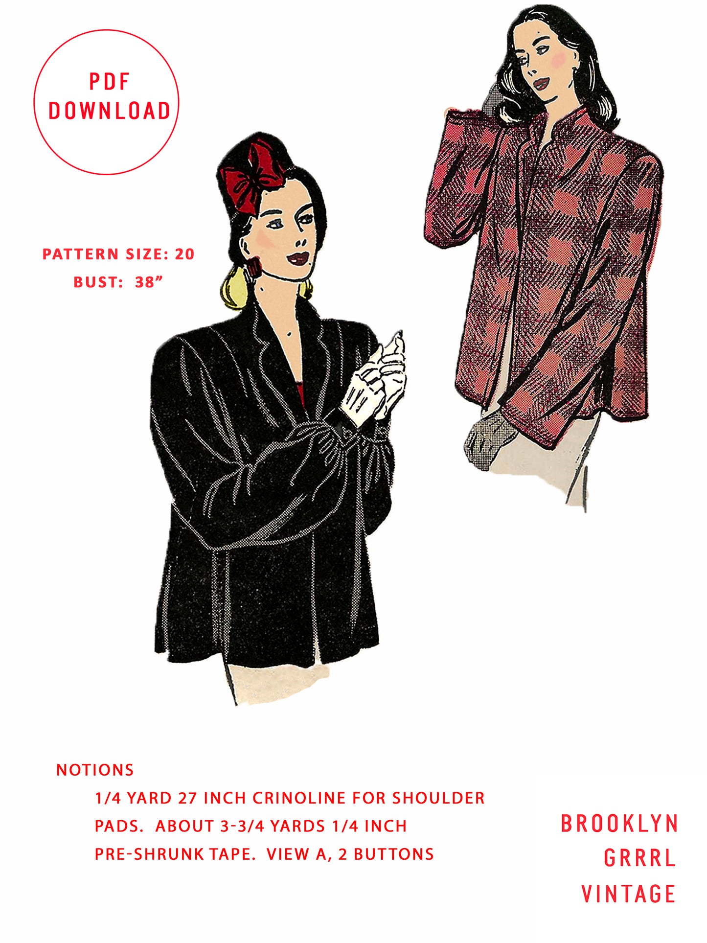 PDF Pattern - 1940s Swing Jacket / Bust 38