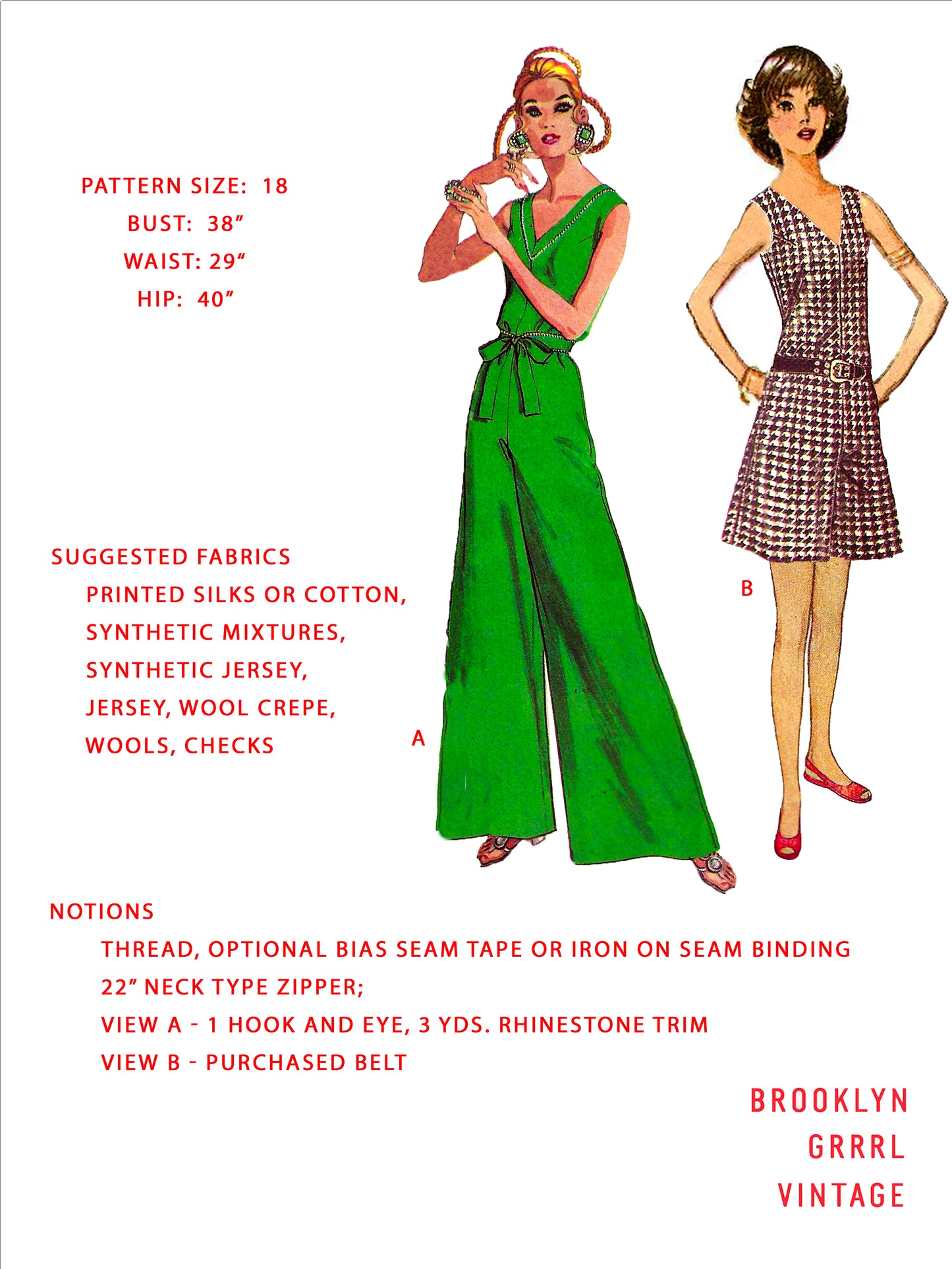 Paper Pattern - 1960s Pant Dress / Jumpsuit in Two Lengths  / Bust 38