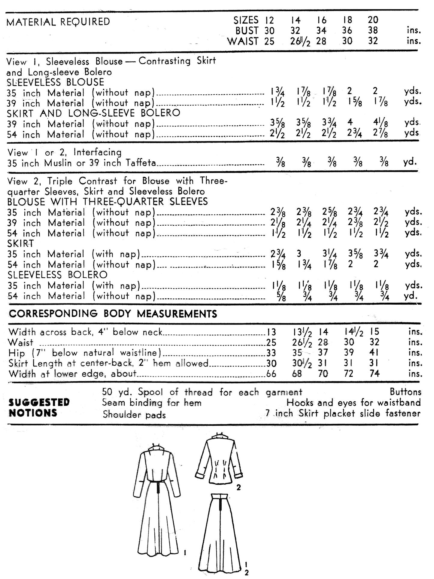 PDF Pattern - 1950s Bolero Skirt Ensemble  / Bust 36