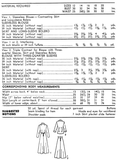 PDF Pattern - 1950s Bolero Skirt Ensemble  / Bust 36