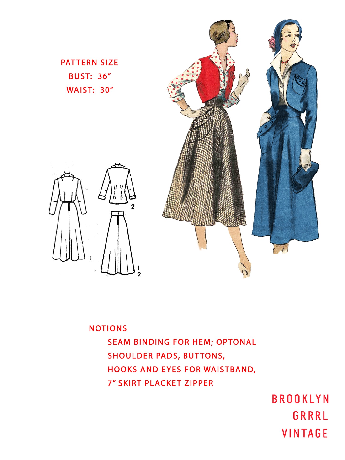 PDF Pattern - 1950s Bolero Skirt Ensemble  / Bust 36