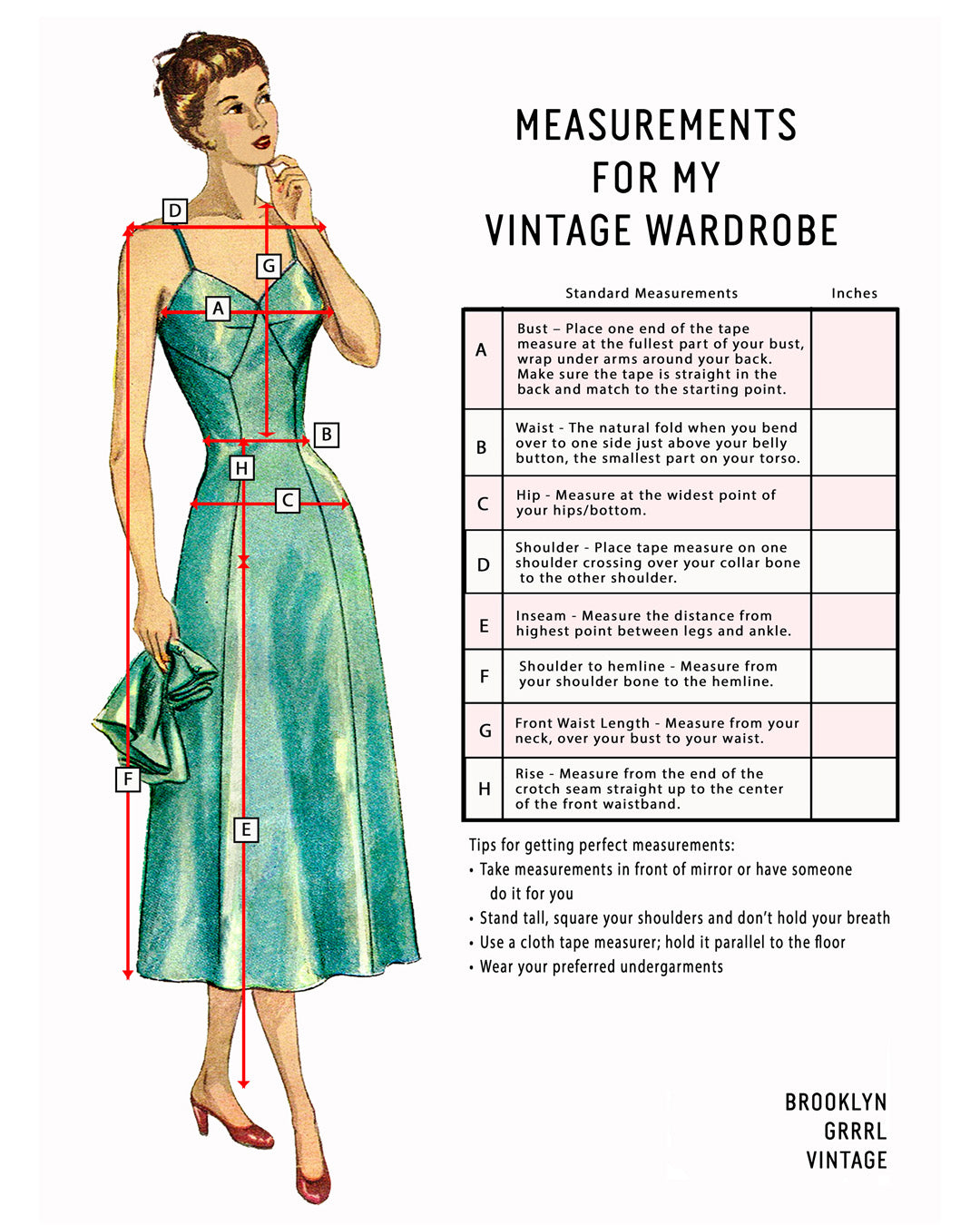Brooklyn Grrrl Vintage Measurement Chart