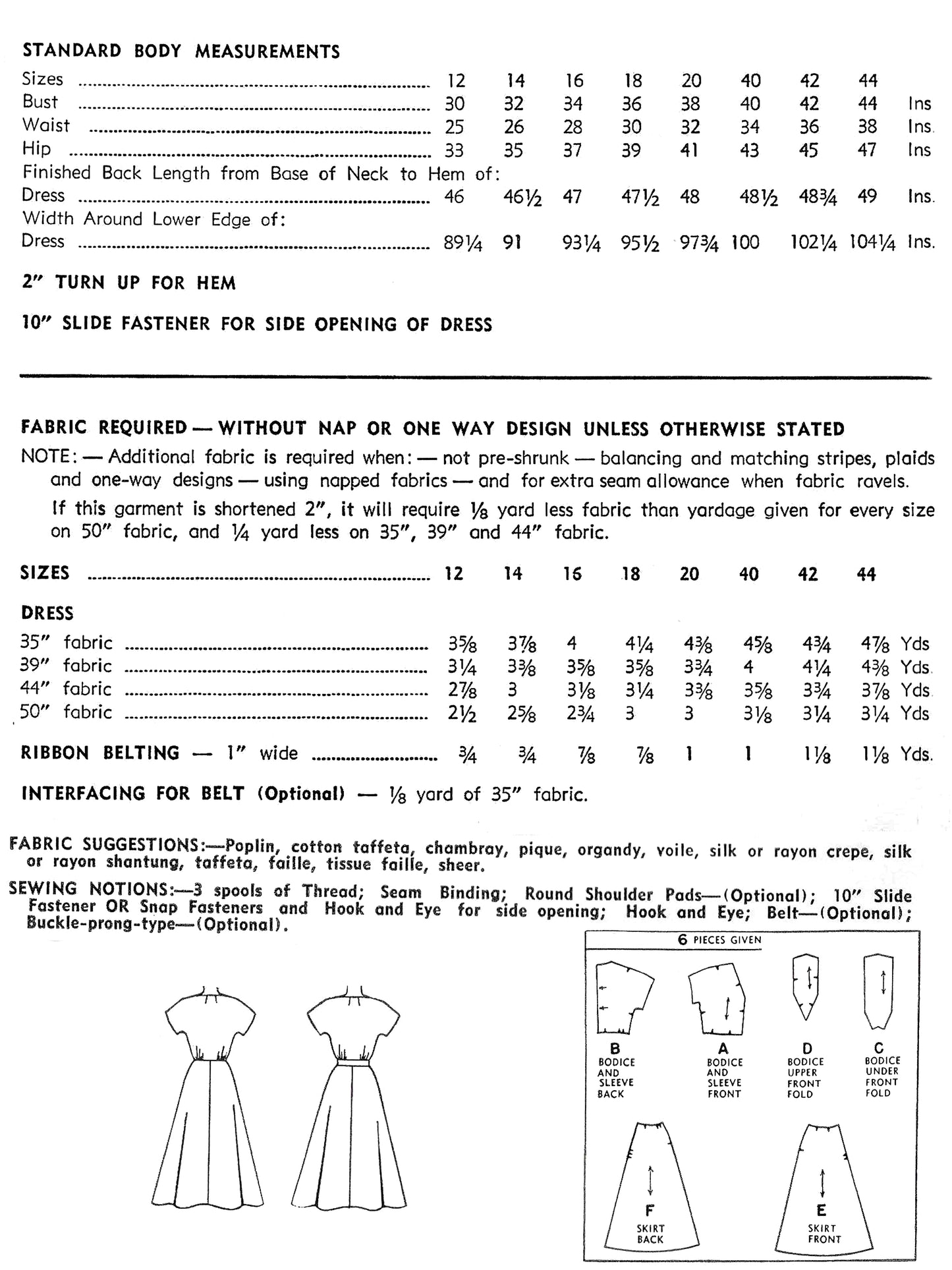 PDF Pattern - 1950s Kimono Sleeve Dress  / Bust 40