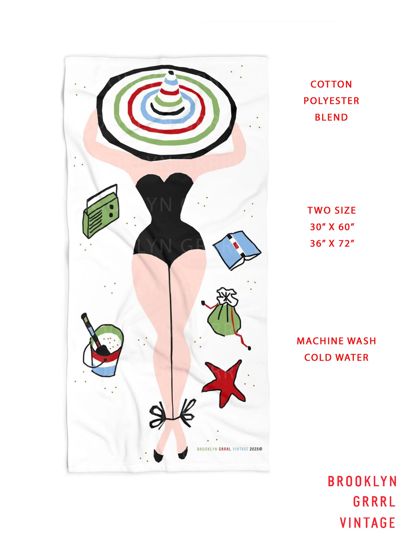 1950s Vintage Inspired Beach Towel / Retro Lounging Lady Beach Towel for Pool or Beach by Brooklyn Grrrl Vintage