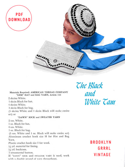1950s Black & White Tam & Bag  - Crochet PDF Pattern