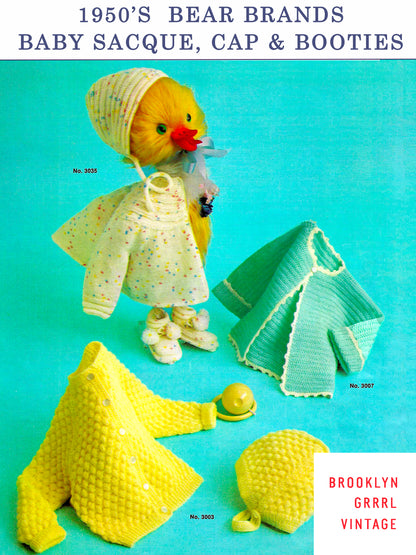 1950s Bear Brands Infant Sacque, Cap and Booties - Knit & Crochet Patterns / PDF Download