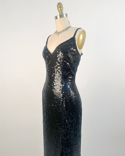 1980s Black Sequin Evening Gown