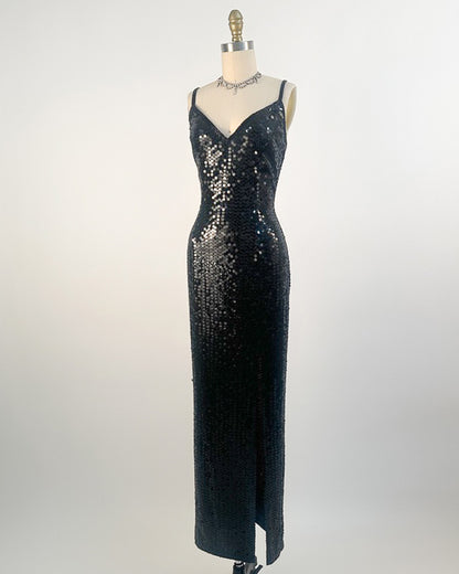 1980s Black Sequin Evening Gown