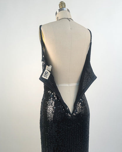 1980s Black Sequin Evening Gown