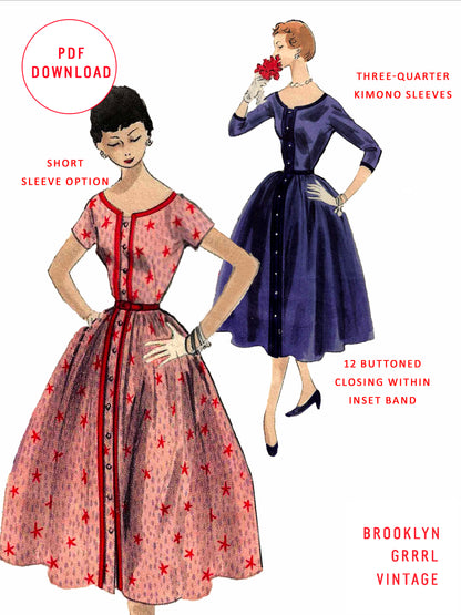 PDF Pattern - 1950s Dress with Low Round Neckline / Multiple Sizes