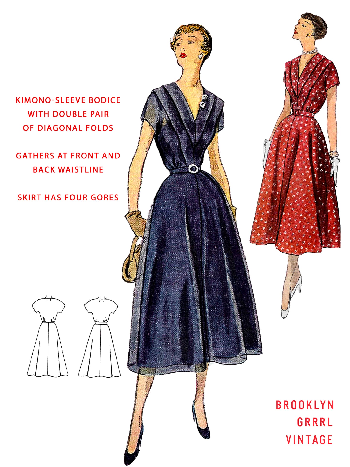 PDF Pattern - 1950s Kimono Sleeve Dress  / Bust 40