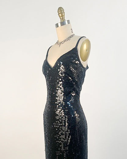 1980s Black Sequin Evening Gown