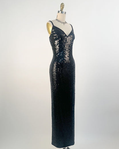1980s Black Sequin Evening Gown