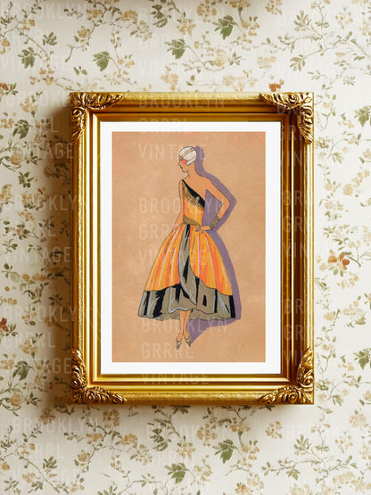 Vintage 1920s Fashion Illustration Satin Poster Print - Elegant Taffeta Dress