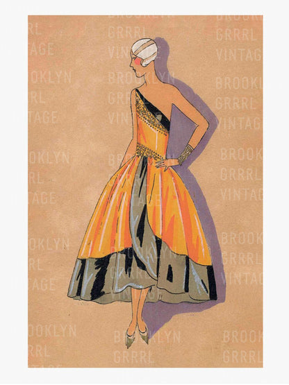 Vintage 1920s Fashion Illustration Satin Poster Print - Elegant Taffeta Dress