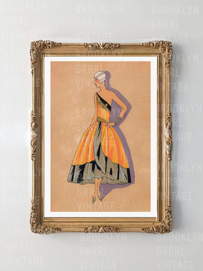 Vintage 1920s Fashion Illustration Satin Poster Print - Elegant Taffeta Dress