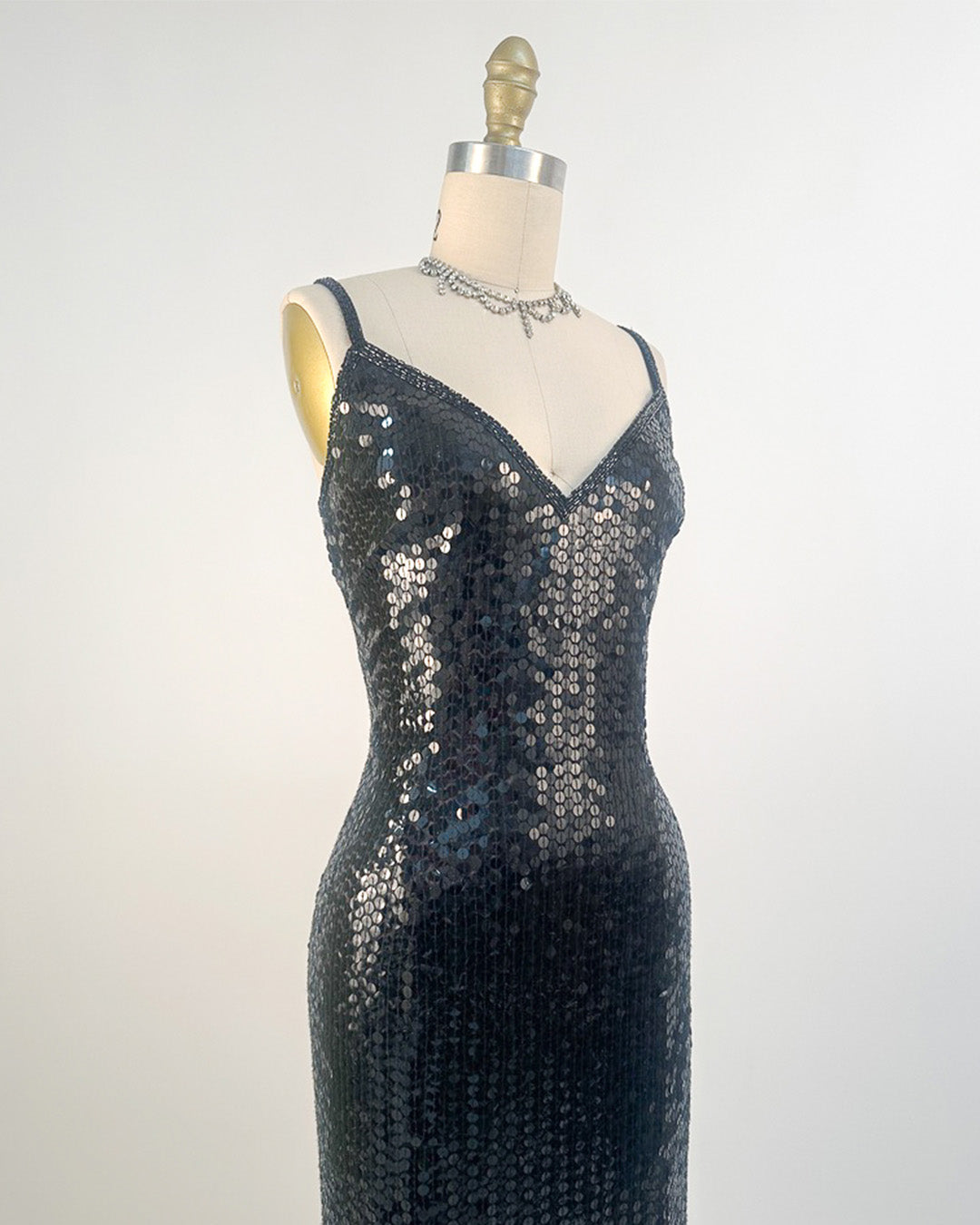 1980s Black Sequin Evening Gown