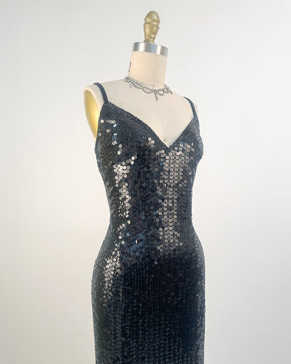 1980s Black Sequin Evening Gown