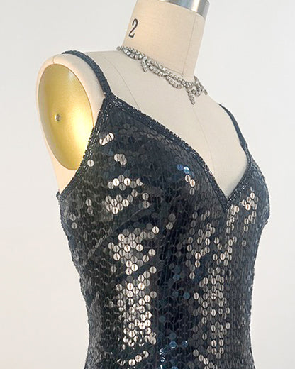 1980s Black Sequin Evening Gown
