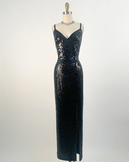 1980s Black Sequin Evening Gown