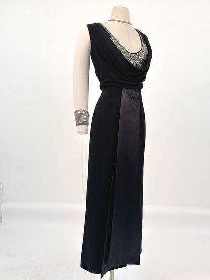 1960s Daring Gown with Rhinestone Drop Neckline / Waist 40