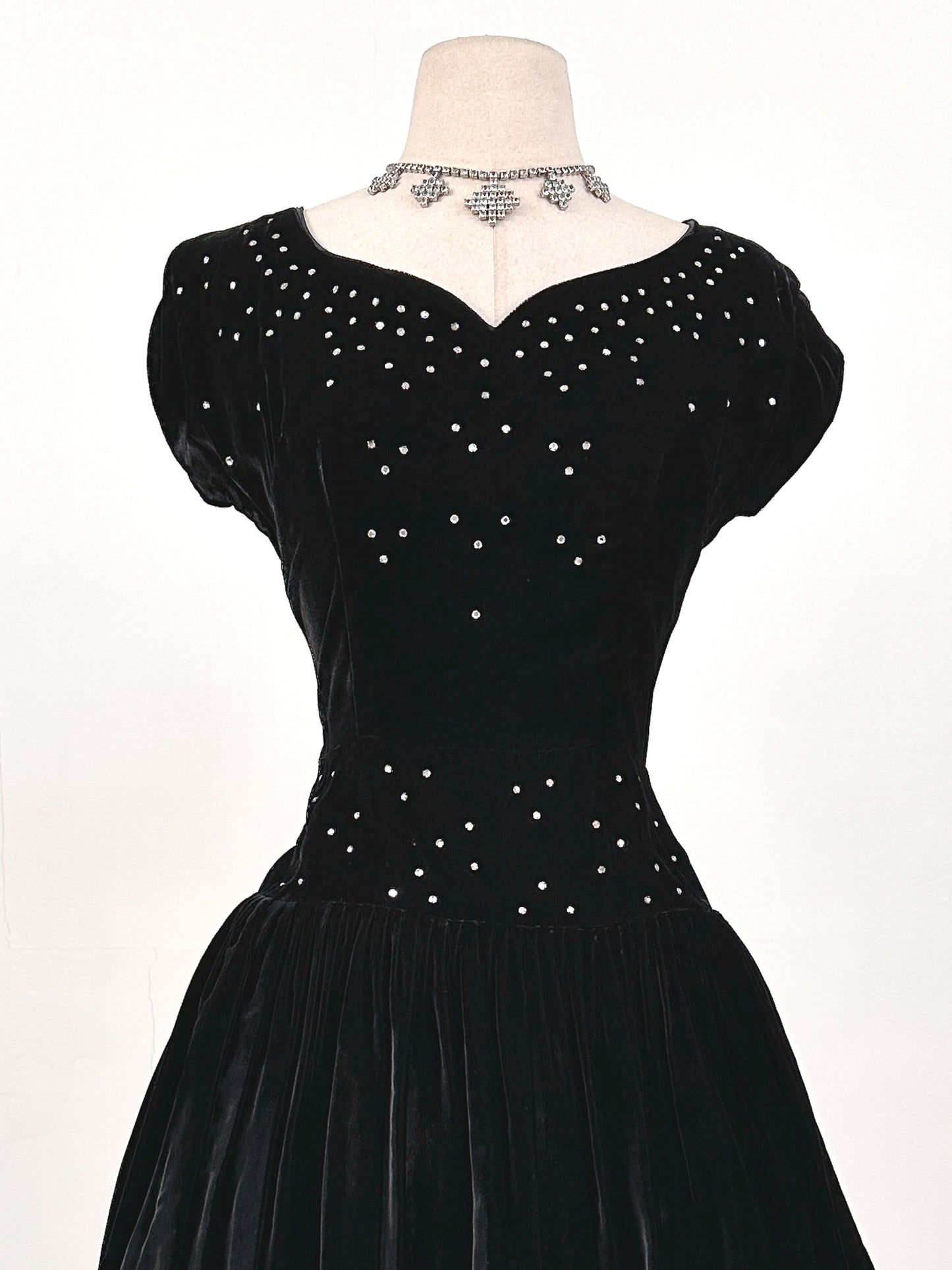 Early 1940s Black Velvet Party Dress with Rhinestones / Waist 28