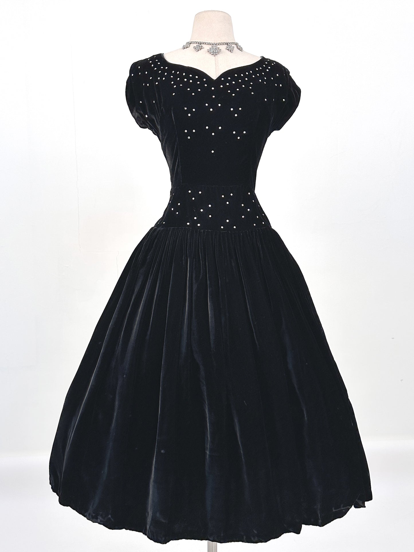 Early 1940s Black Velvet Party Dress with Rhinestones / Waist 28