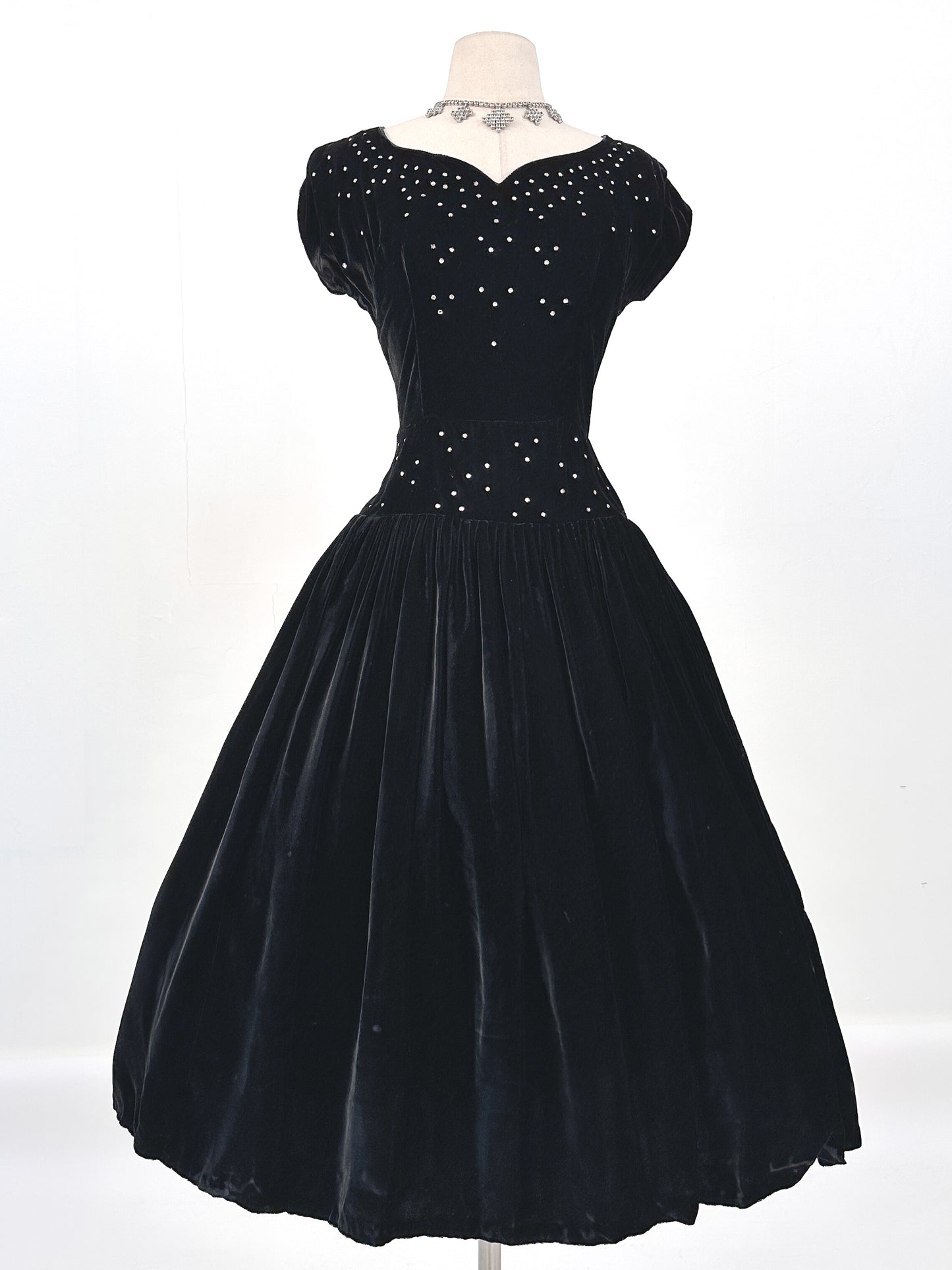Early 1940s Black Velvet Party Dress with Rhinestones / Waist 28