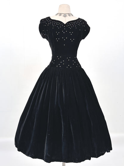 Early 1940s Black Velvet Party Dress with Rhinestones / Waist 28