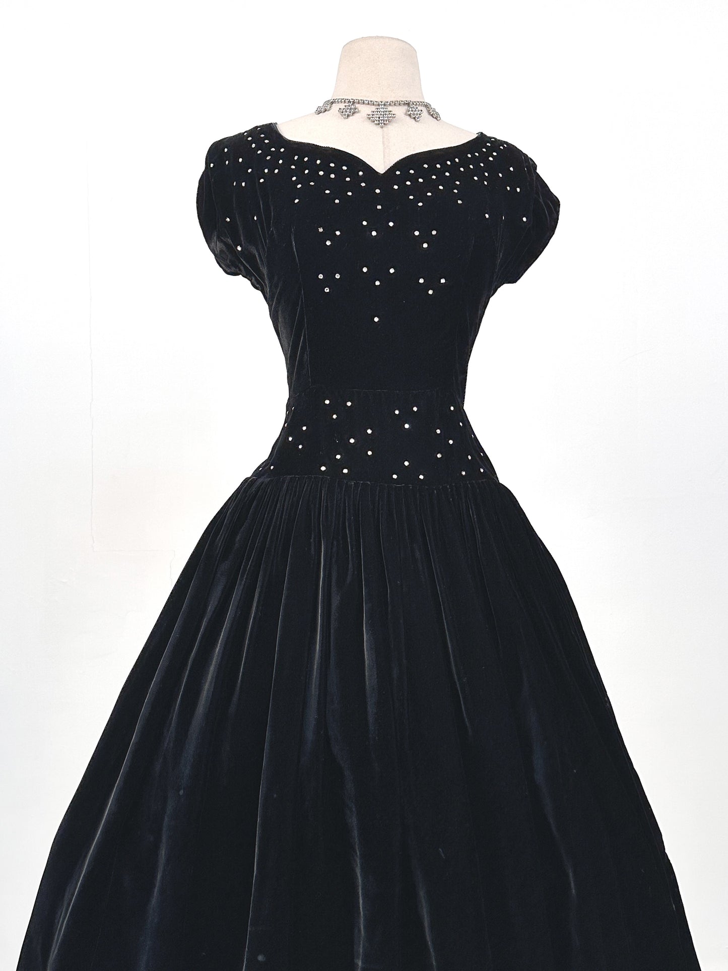 Early 1940s Black Velvet Party Dress with Rhinestones / Waist 28