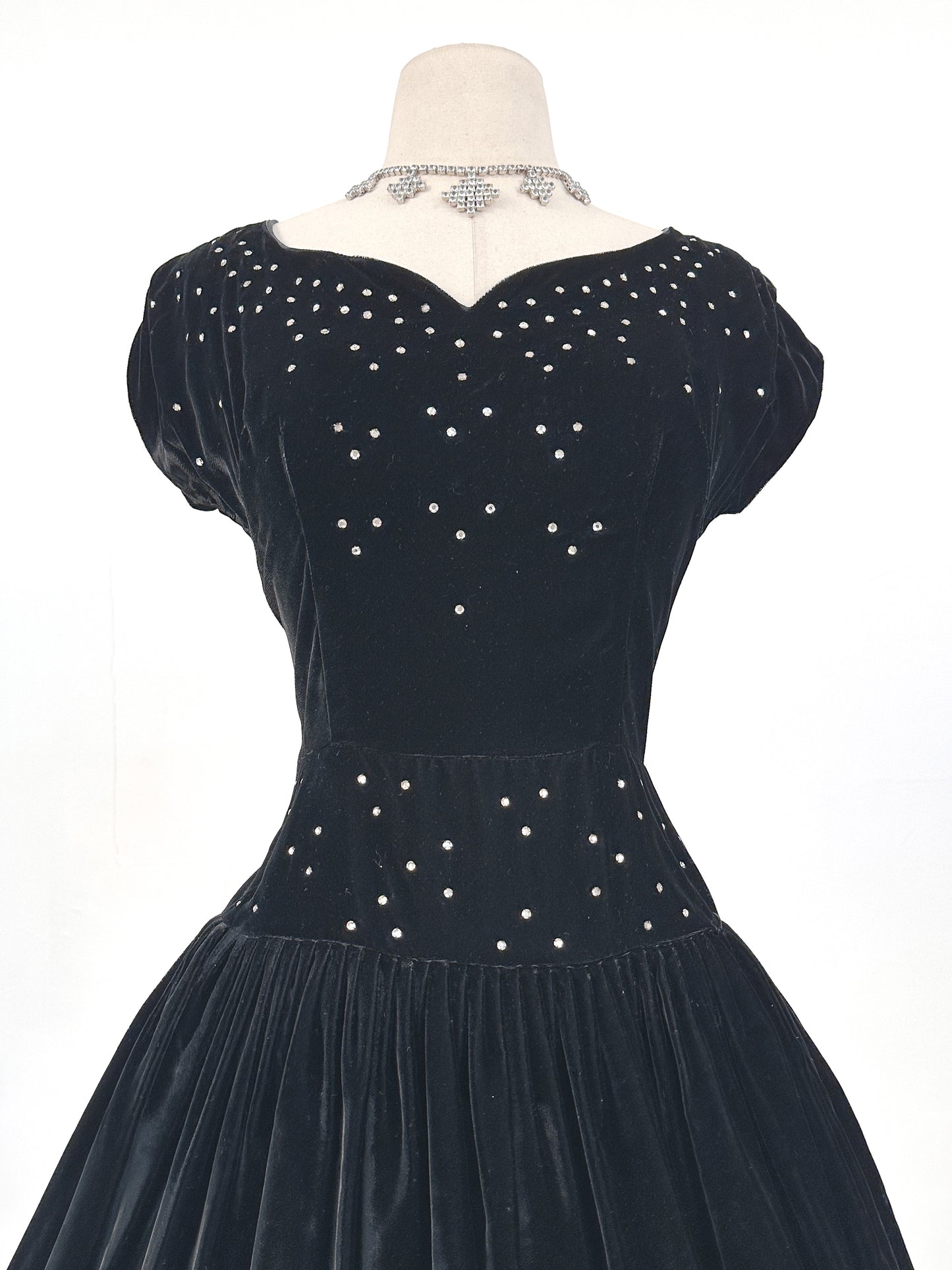 Early 1940s Black Velvet Party Dress with Rhinestones / Waist 28