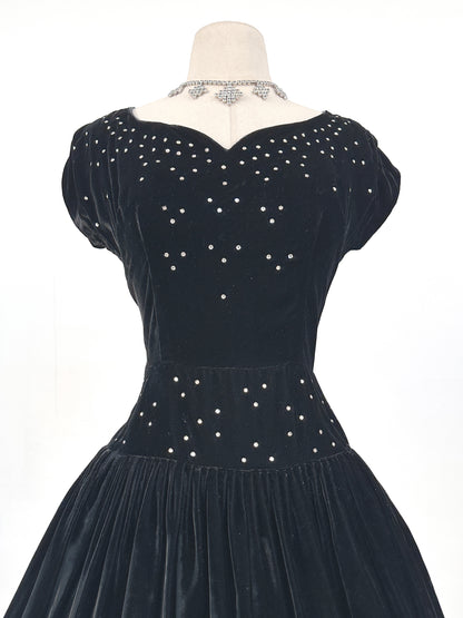Early 1940s Black Velvet Party Dress with Rhinestones / Waist 28