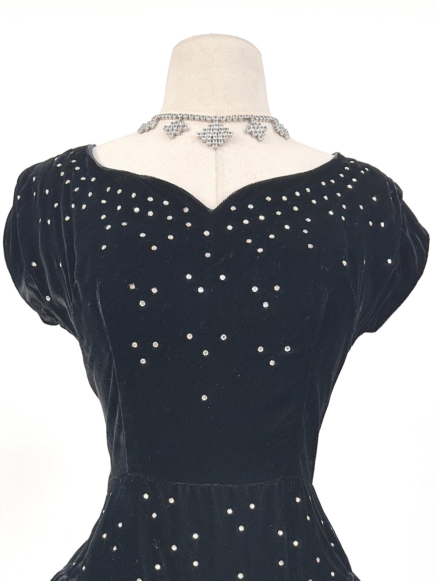 Early 1940s Black Velvet Party Dress with Rhinestones / Waist 28