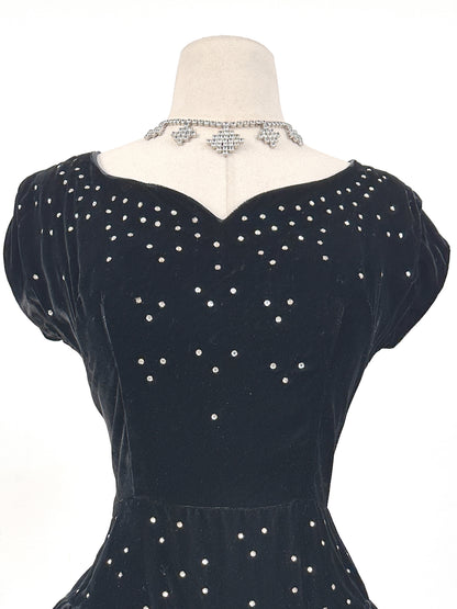 Early 1940s Black Velvet Party Dress with Rhinestones / Waist 28