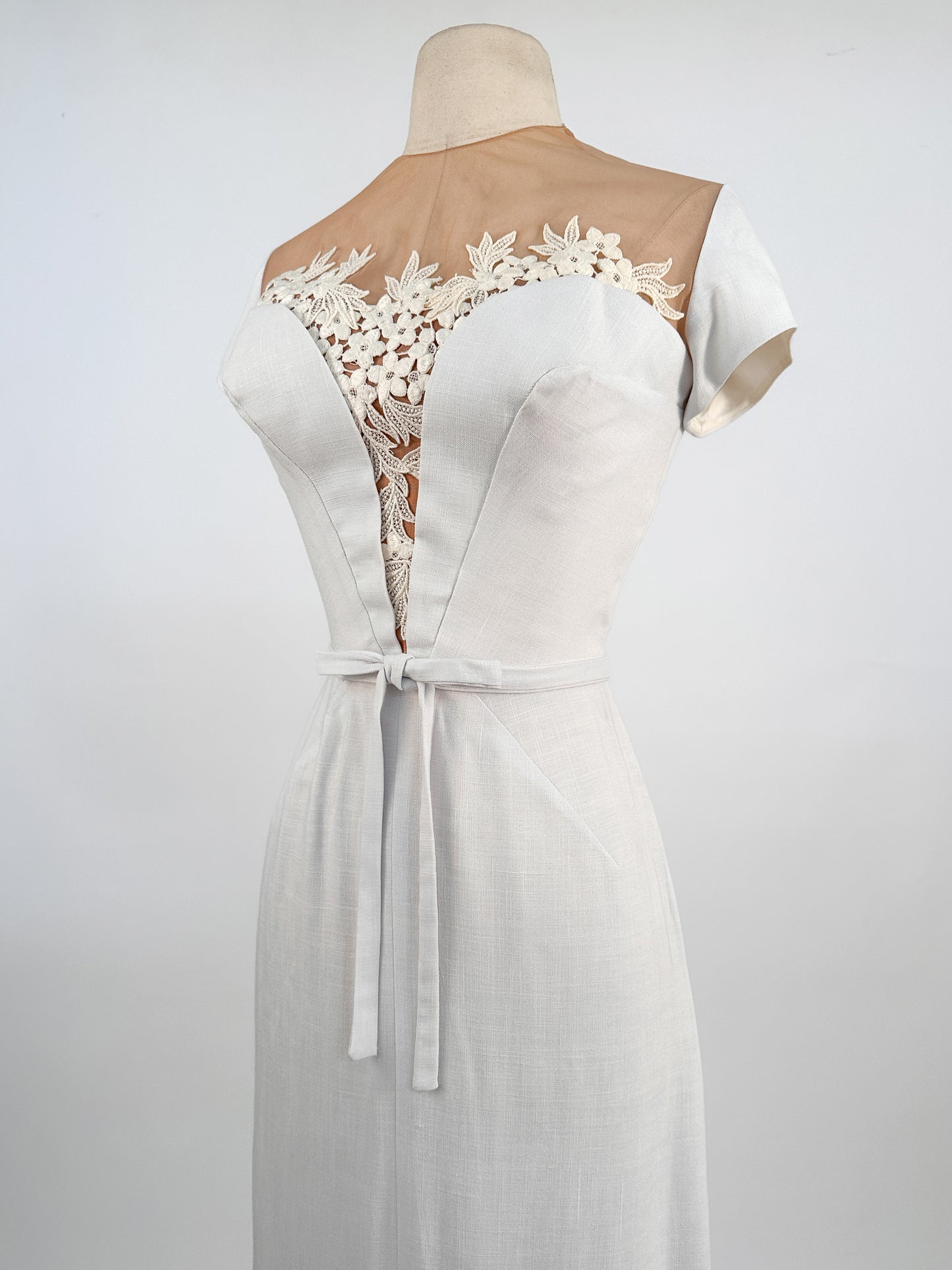 1950s Linen Wiggle Dress with Illusion Neckline by Peggy Hunt / Waist 24