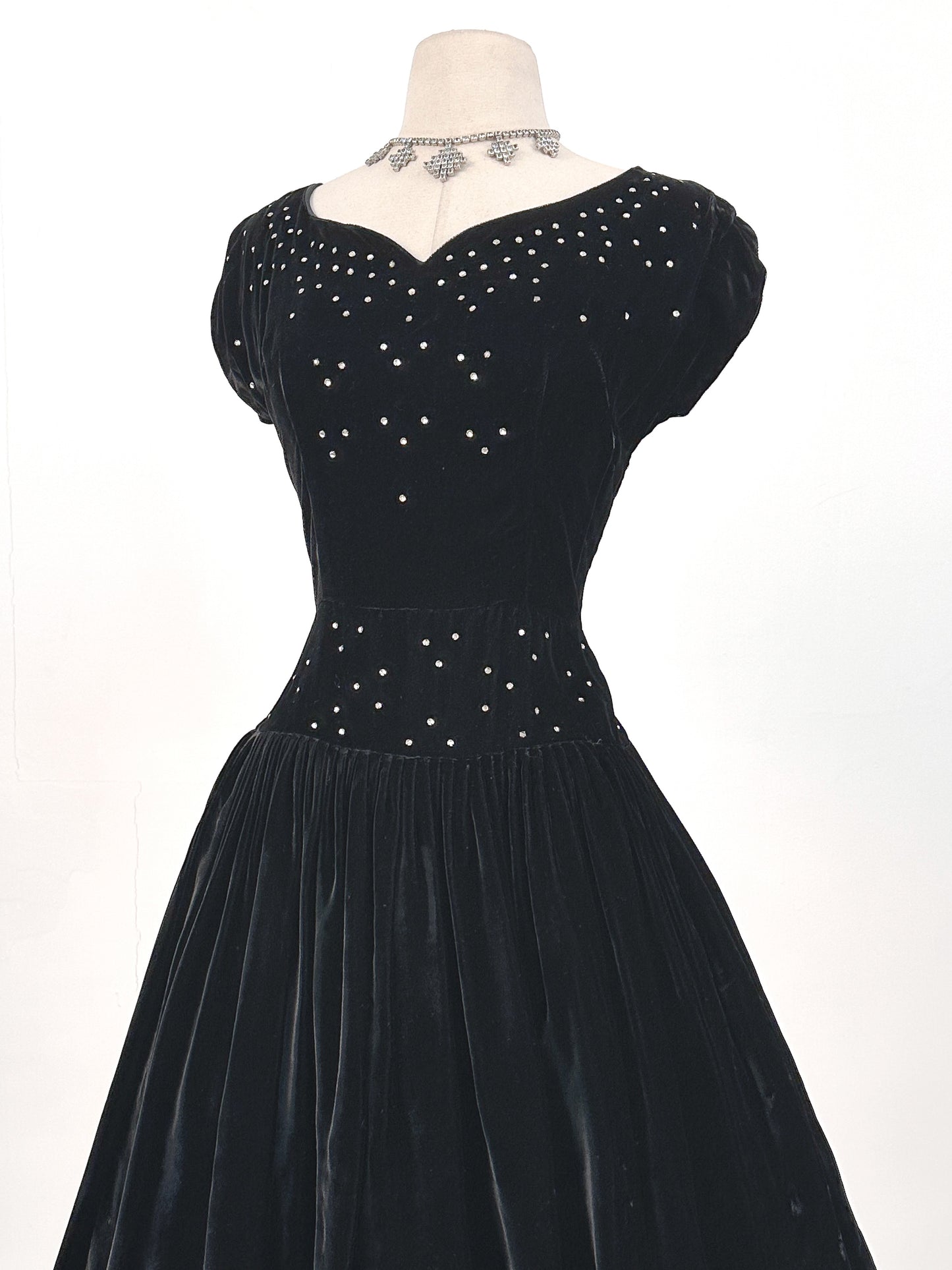 Early 1940s Black Velvet Party Dress with Rhinestones / Waist 28