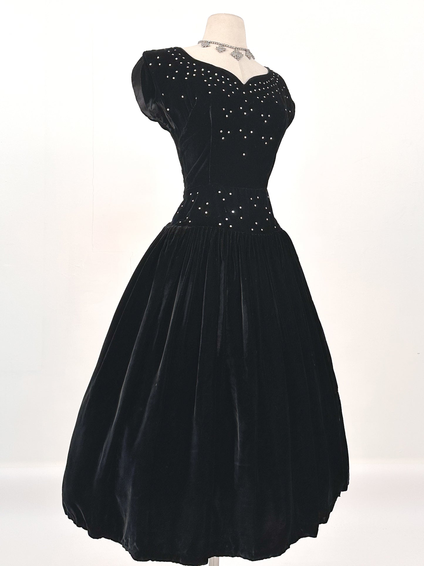 Early 1940s Black Velvet Party Dress with Rhinestones / Waist 28